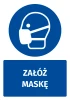 Safety sticker with mask icon - round shape, blue background, white face with mask graphic.