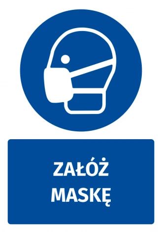 Safety sticker with mask icon - round shape, blue background, white face with mask graphic.