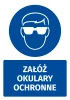 Safety sticker with a pictogram: Wear safety glasses. Round shape featuring a person in glasses and text.