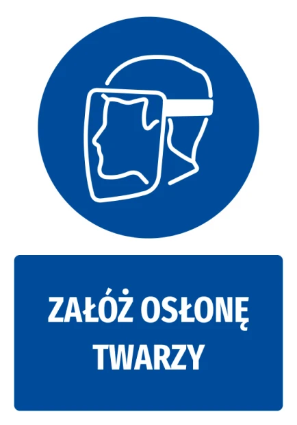 Safety sticker with face shield icon - round blue shape with white face graphic.