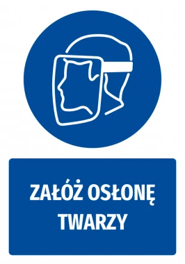 Safety sticker with face shield icon - round blue shape with white face graphic.