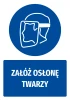 Safety sticker with face shield icon - round blue shape with white face graphic.