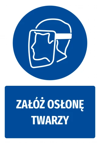 Safety sticker with face shield icon - round blue shape with white face graphic.