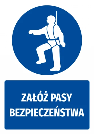 Safety sticker with seatbelt icon - Round graphic design featuring a figure in a harness. Text included.