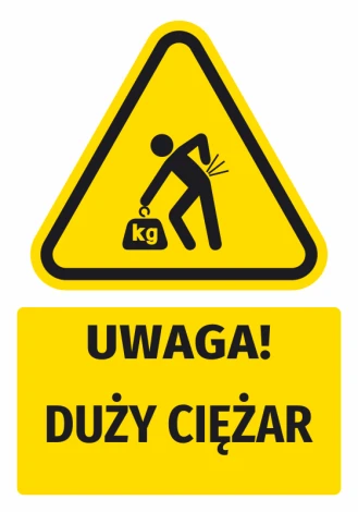 Warning safety sticker with a graphic of a large load - triangle with a black icon of a person lifting.