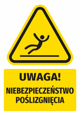 Warning safety sticker with a slip hazard icon - graphic design. Yellow triangle with black.