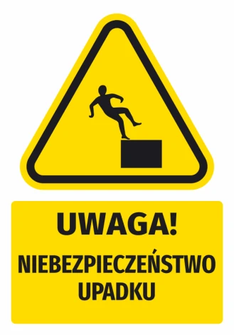 Warning safety sticker with a falling figure icon - graphic design. Triangle shape indicating fall hazard.