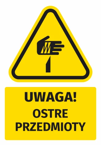 Warning safety sticker with a sharp objects icon - graphic design. Yellow triangle with a black hand symbol.