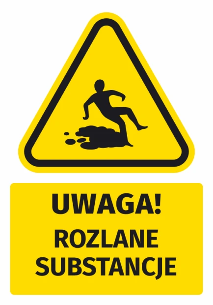 Warning safety sticker with a "Caution! Spilled substances" pictogram. Triangular shape with yellow background, black design.