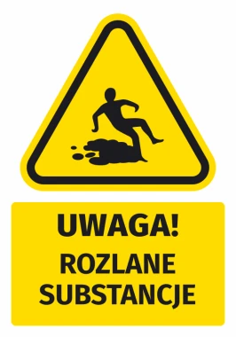 Warning safety sticker with a "Caution! Spilled substances" pictogram. Triangular shape with yellow background, black design.