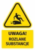 Warning safety sticker with a "Caution! Spilled substances" pictogram. Triangular shape with yellow background, black design.