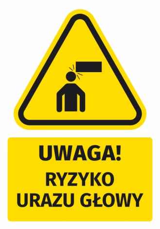 Warning safety sticker with a head injury risk icon. Triangular shape featuring a person symbol.