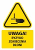 Warning safety sticker with a graphic of a triangle and a black hand symbol indicating crush risk.