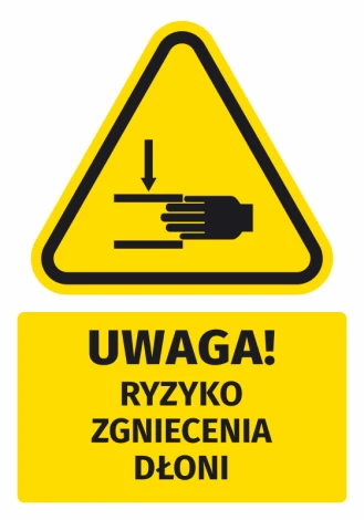 Warning safety sticker with a graphic of a triangle and a black hand symbol indicating crush risk.