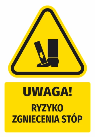 Warning safety sticker with a foot crushing hazard icon. Yellow triangular design.