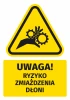 Warning safety sticker with a pictogram: Caution! Risk of hand crushing - Graphic design. Triangle with black hand symbol.