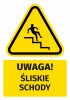 Warning safety sticker with slippery stairs icon. Yellow triangular design with black.
