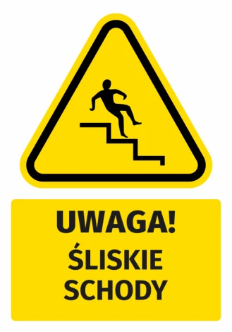 Warning safety sticker with slippery stairs icon. Yellow triangular design with black.