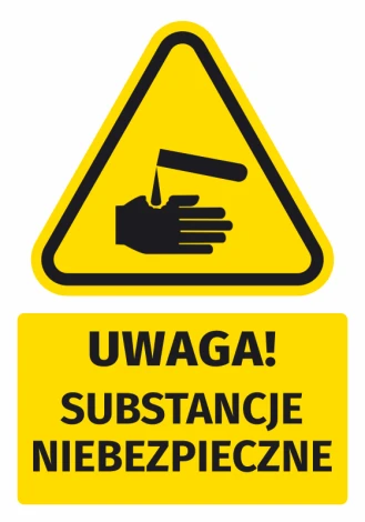 Warning safety sticker with a hazard symbol. Triangle with a hand and drop, text included.