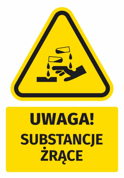 Warning safety sticker with corrosive substances icon. Yellow triangle with black design.