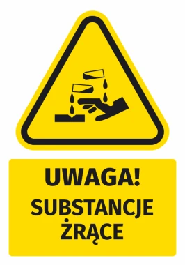 Warning safety sticker with corrosive substances icon. Yellow triangle with black design.