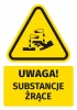 Warning safety sticker with corrosive substances icon. Yellow triangle with black design.
