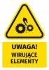 Warning safety sticker with a rotating elements icon. Yellow triangle with black gears design.