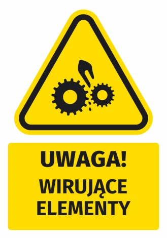 Warning safety sticker with a rotating elements icon. Yellow triangle with black gears design.