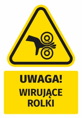 Warning safety sticker with a rotating rollers icon. Triangle shape with yellow background and black design.