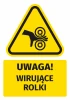 Warning safety sticker with a rotating rollers icon. Triangle shape with yellow background and black design.