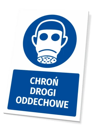 Safety sign with respiratory protection icon - round design featuring a figure wearing a protective mask.