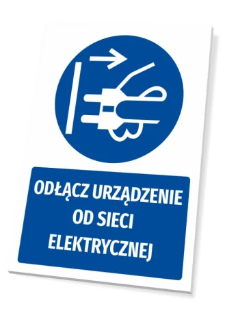 Safety sign with a graphic of disconnecting the device from the power supply. Round icon with a plug.