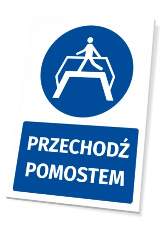 Safety sign with a pictogram for using the walkway - round blue icon showing a person crossing.