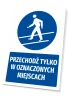Safety sign with the icon "Cross only at designated places" - graphic design. Round icon shows a figure.
