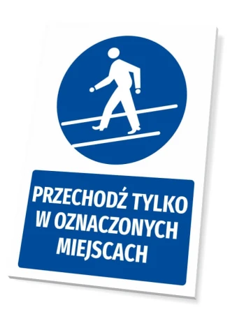 Safety sign with the icon "Cross only at designated places" - graphic design. Round icon shows a figure.