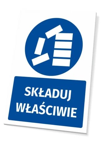 Safety sign with the "Store Properly" pictogram. Round design with a blue background and white shapes.