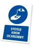 Safety sign with "Use protective cream" pictogram. Round design featuring a hand and bottle, text in a rectangle.