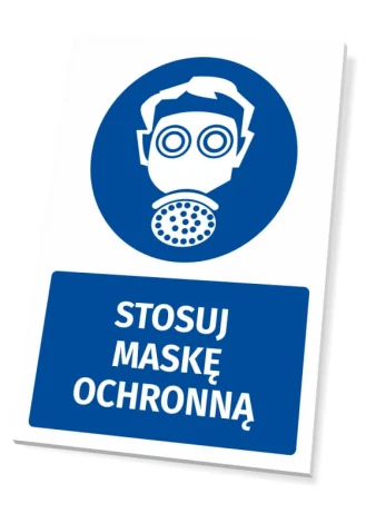 Safety sign with a pictogram: Wear a protective mask - Round design featuring a figure wearing a mask.