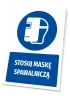 Safety sign with welding mask icon - Round graphic design featuring a welding mask image.