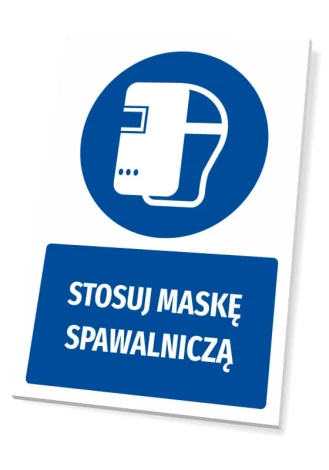 Safety sign with welding mask icon - Round graphic design featuring a welding mask image.