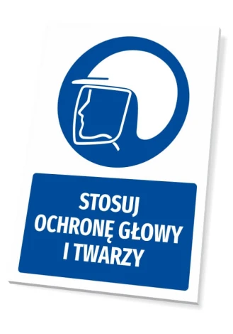 Safety sign with a pictogram: Use head and face protection - Round design featuring a face silhouette in a helmet.