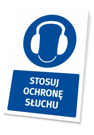 Safety sign with hearing protection icon - round design featuring headphones on a blue background.