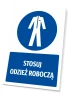Safety sign with a pictogram: Wear work clothing - Graphic design. Round blue pictogram shows a silhouette of clothing.