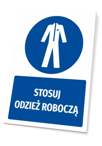 Safety sign with a pictogram: Wear work clothing - Graphic design. Round blue pictogram shows a silhouette of clothing.