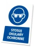 Safety sign with a pictogram: Wear protective glasses - Graphic design. Round icon featuring a person wearing glasses, text.