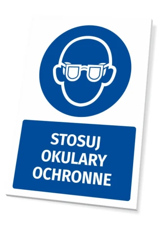 Safety sign with a pictogram: Wear protective glasses - Graphic design. Round icon featuring a person wearing glasses, text.