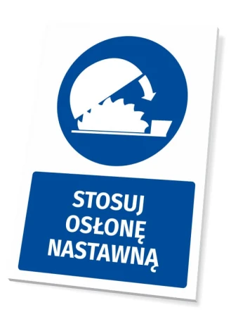 Safety sign with a pictogram: Use adjustable guard - Graphic design. Round pictogram with a machine warning symbol.