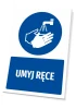 Safety sign with handwashing icon - round blue design featuring hands under running water. Text included.