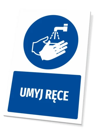 Safety sign with handwashing icon - round blue design featuring hands under running water. Text included.