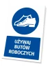 Safety sign with pictogram: Wear safety shoes - Graphic design. Round pictogram of shoes on a blue background. Text.